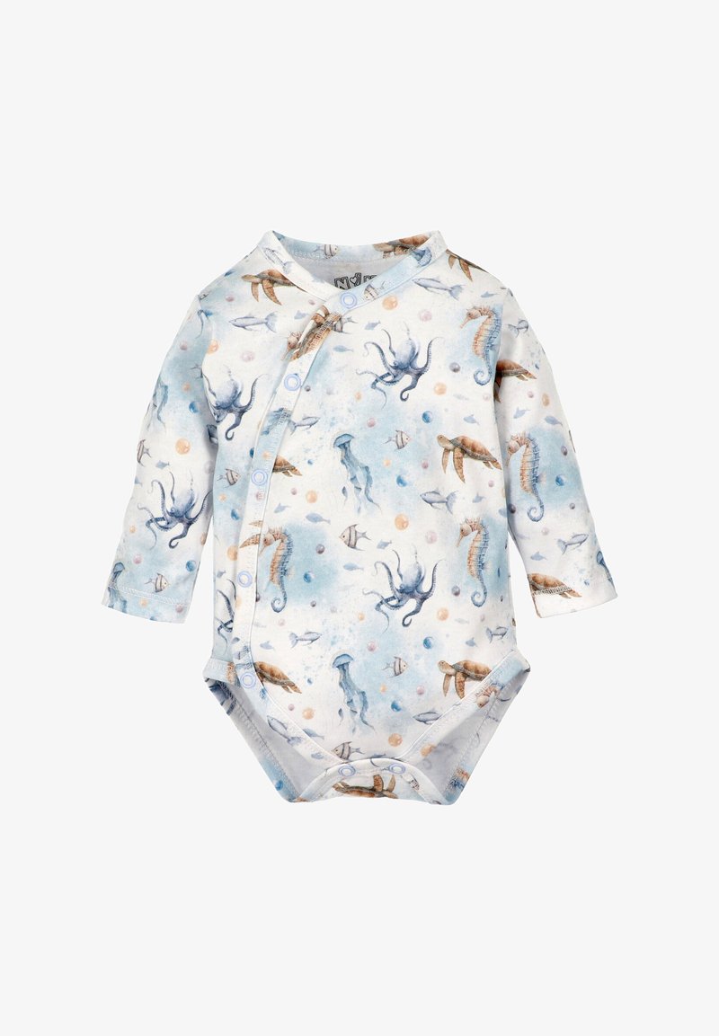 White long-sleeve baby romper with blue buttons and underwater sea creatures including octopus, seahorses, turtles, jellyfish, and fish print.