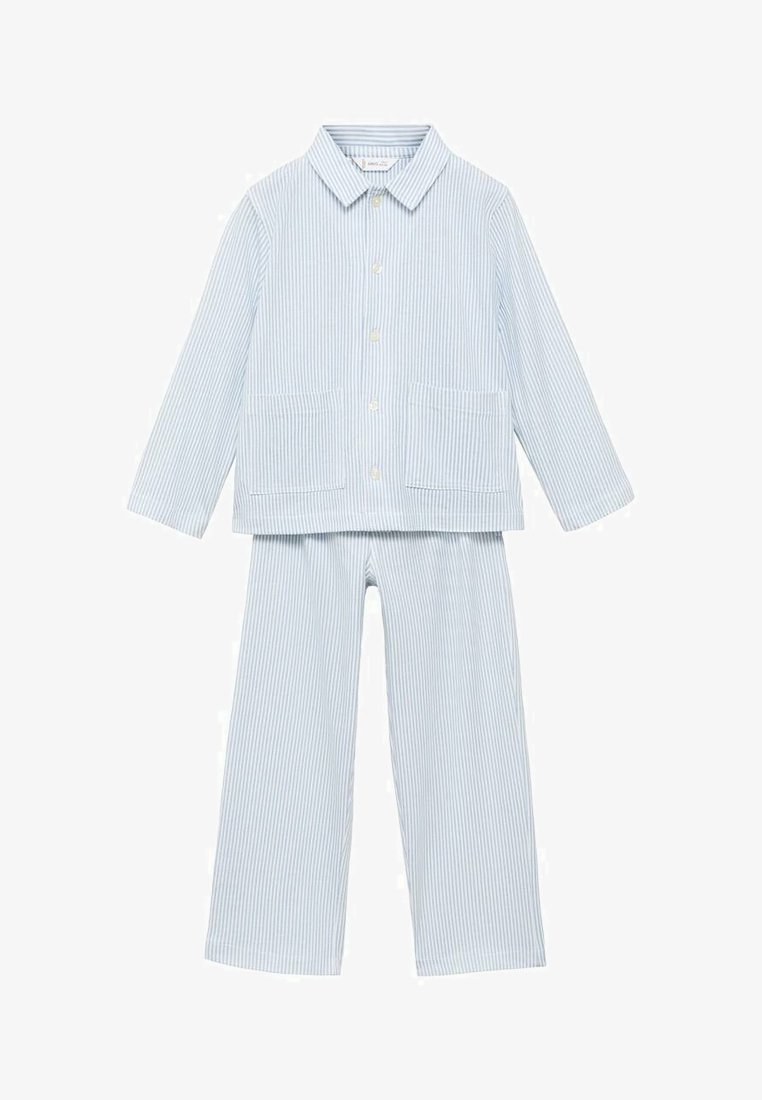 Svetlomodrá a biela pruhovaná dlhá nočná košeľa s golierom a zodpovedajúce široké nohavice.