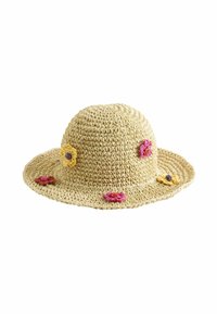 Chapeau de paille au crochet en beige avec un large bord. Décoré de fleurs brodées multicolores aux accents rose, jaune et violet.