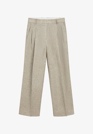 Beige linnen broek met gespreide pijpen, plooien, riemlussen en zijzakken, geschikt voor casual of zakelijke kleding.