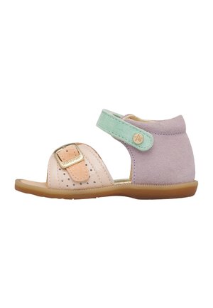 Sandalo aperto per bambino con cinturino anteriore rosa, cinturino alla caviglia verde con bottone, supporto per il tallone viola e suola marrone.