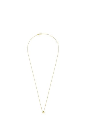 Fijn gouden kettinkje met een klein hangertje in de vorm van de letter "a" en een sluiting, op een witte achtergrond.