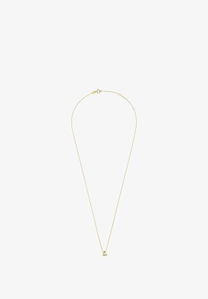 Collier délicat en chaîne d'or avec petit pendentif en forme de lettre "a" et fermoir, sur fond blanc.