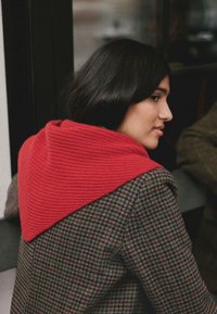 Il colletto a coste rosso si adagia su un cappotto marrone a quadri houndstooth, mettendo in evidenza il tessuto strutturato e i motivi contrastanti. L'immagine cattura il dettaglio del capo.