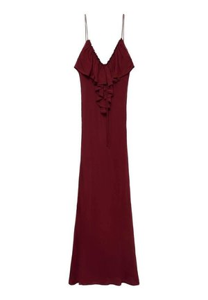 Bordeaux-maxikleid mit rüschigem Ausschnitt, dünnen Spaghetti-Trägern und einer glatten, fließenden Silhouette. Weicher Stoff und bodenlanger Schnitt.
