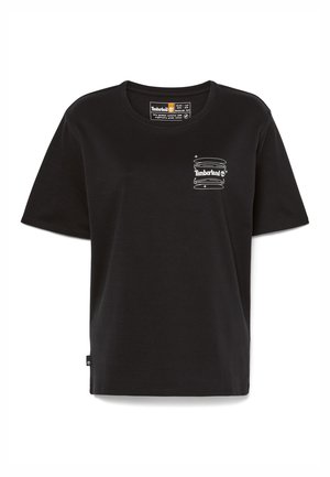 T-shirt noir à manches courtes Timberland avec un design en swirl blanc et le logo Timberland sur la poitrine gauche, col rond, coupe régulière.