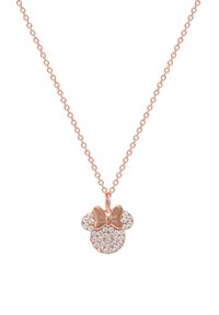 Collana in oro rosa con pendente a forma di Minnie Mouse, decorata con cristalli trasparenti e caratterizzata da un accento a forma di fiocco sulla parte superiore. La catena ha un design a maglia classico.