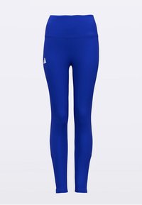 Blue leggings with a high waistband. Made from smooth, stretchy fabric featuring a small white logo on the left thigh.