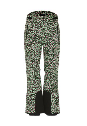 Grüne Skihose mit einem lebendigen pink-schwarzen Leopardenmuster, schwarzen Akzenten am Saum und verstellbaren Merkmalen für eine optimale Passform.