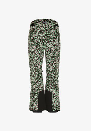 Grüne Skihose mit einem lebendigen pink-schwarzen Leopardenmuster, schwarzen Akzenten am Saum und verstellbaren Merkmalen für eine optimale Passform.