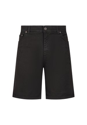 Shorts in denim nero con cinque tasche, chiusura con bottoni e passanti per cintura, mostrati stesi su uno sfondo bianco.
