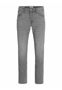 Jeans en denim gris, avec une coupe droite, cinq poches et un zip. Le tissu présente une texture subtile et un léger délavage.
