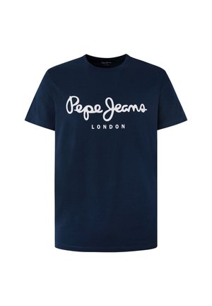 Marineblauw T-shirt met korte mouwen en een wit "Pepe Jeans London" logo in het midden van de borst.