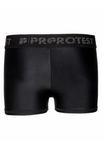 Shorts noirs en matériau lisse, dotés d'une large taille élastique avec "PROTEST" en gris contrasté, dans un design minimaliste.