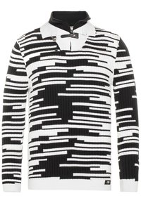 Schwarz-weißer Strickpullover mit gerippter Textur, der ein Muster aus horizontalen Streifen, einen Reißverschlusskragen und ein Logo-Tag am unteren Rand aufweist.