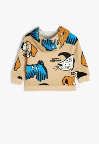 Sudadera con capucha en beige con ilustraciones coloridas de perros, con una textura suave, dobladillo y puños acanalados. El texto dice "Felices Juntos".