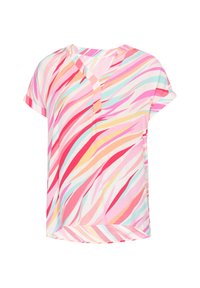 Top a maniche corte, con scollo a V, realizzato in tessuto leggero e caratterizzato da un motivo multicolore a onde nelle tonalità di rosa, arancione e blu.
