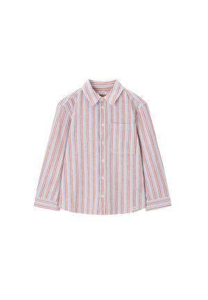 Overhemd met lange mouwen, knopen, kraag, borstzak en verticale strepen in rood, blauw en wit op een lichte achtergrond.