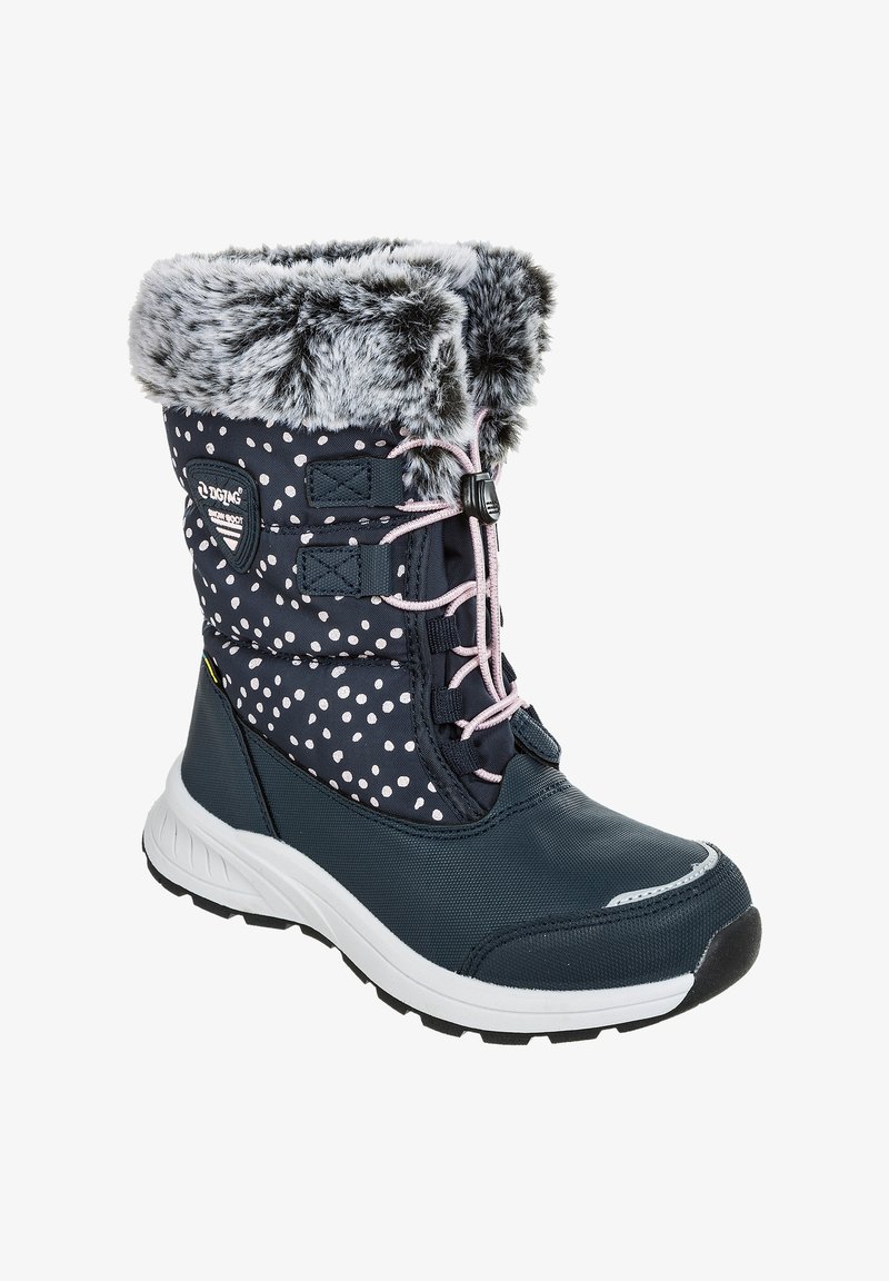 Mørkeblå vandtætte støvler med hvide prikker, foret top, lyserøde snørebånd, tyk sål og forstærket tå. Har et logo på siden.