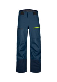 Marineblaue wasserdichte Skihosen aus strukturiertem Material, mit Seiten Taschen, verstellbarem Bund und schwarzen unteren Säumen für zusätzliche Haltbarkeit.