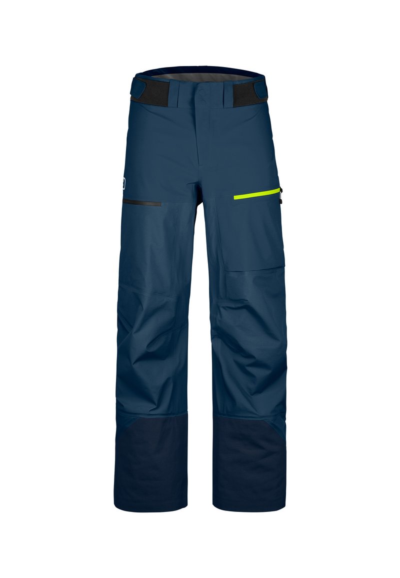 Marineblaue wasserdichte Skihosen aus strukturiertem Material, mit Seiten Taschen, verstellbarem Bund und schwarzen unteren Säumen für zusätzliche Haltbarkeit.