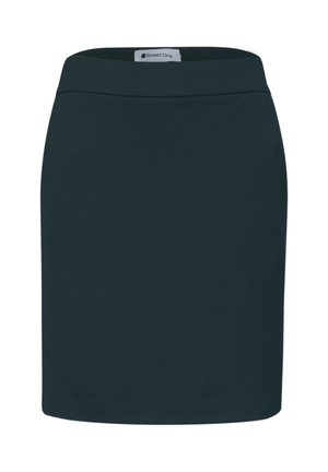 Jupe droite bleu marine foncé longueur genou avec une ceinture lisse, sans motifs ni fermetures visibles, étiquetée Street One.