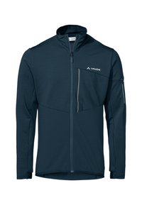 Marineblauwe, langermige vest met rits en een gestructureerde afwerking, met een borstzak en grijze accenten. VAUDE-logo aan de linkerzijde.