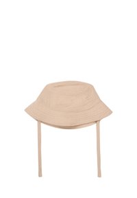 Beige Bucket Hat aus strukturierter Stoff; mit einer breiten, ausgestellten Krempe und zwei verstellbaren Bändern an den Seiten.