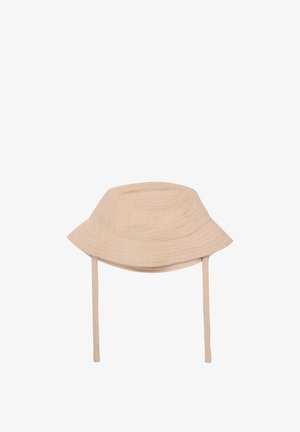 Beige Bucket Hat aus strukturierter Stoff; mit einer breiten, ausgestellten Krempe und zwei verstellbaren Bändern an den Seiten.