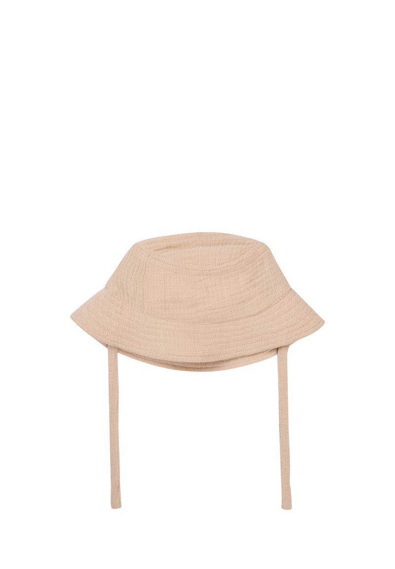 Beige Bucket Hat aus strukturierter Stoff; mit einer breiten, ausgestellten Krempe und zwei verstellbaren Bändern an den Seiten.