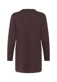 Pull en maille marron foncé à manches longues vu de dos avec un col rond simple et un ourlet droit.