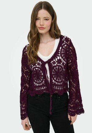 Junge Frau mit langen braunen Haaren, die ein weißes Oberteil unter einer lila Häkelstrickjacke und schwarze Hosen trägt, stehend vor einem neutralen Hintergrund.