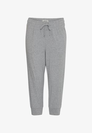 Šedé bavlněné tepláky s elastickým pasem, nastavitelnou šňůrkou, bočními kapsami a zúženými manžetami. Jednoduchý design, bez vzorů.