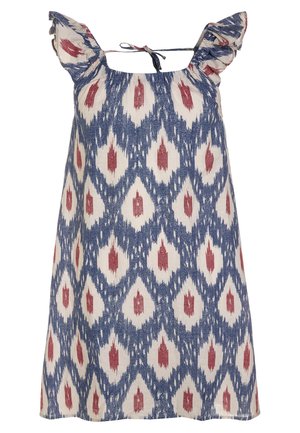Sukienka bez rękawów z bawełny, z niebieskim i czerwonym wzorem ikat, falbaniastymi rękawami i wiązaniem na szyi. Lekka i zwiewna forma.