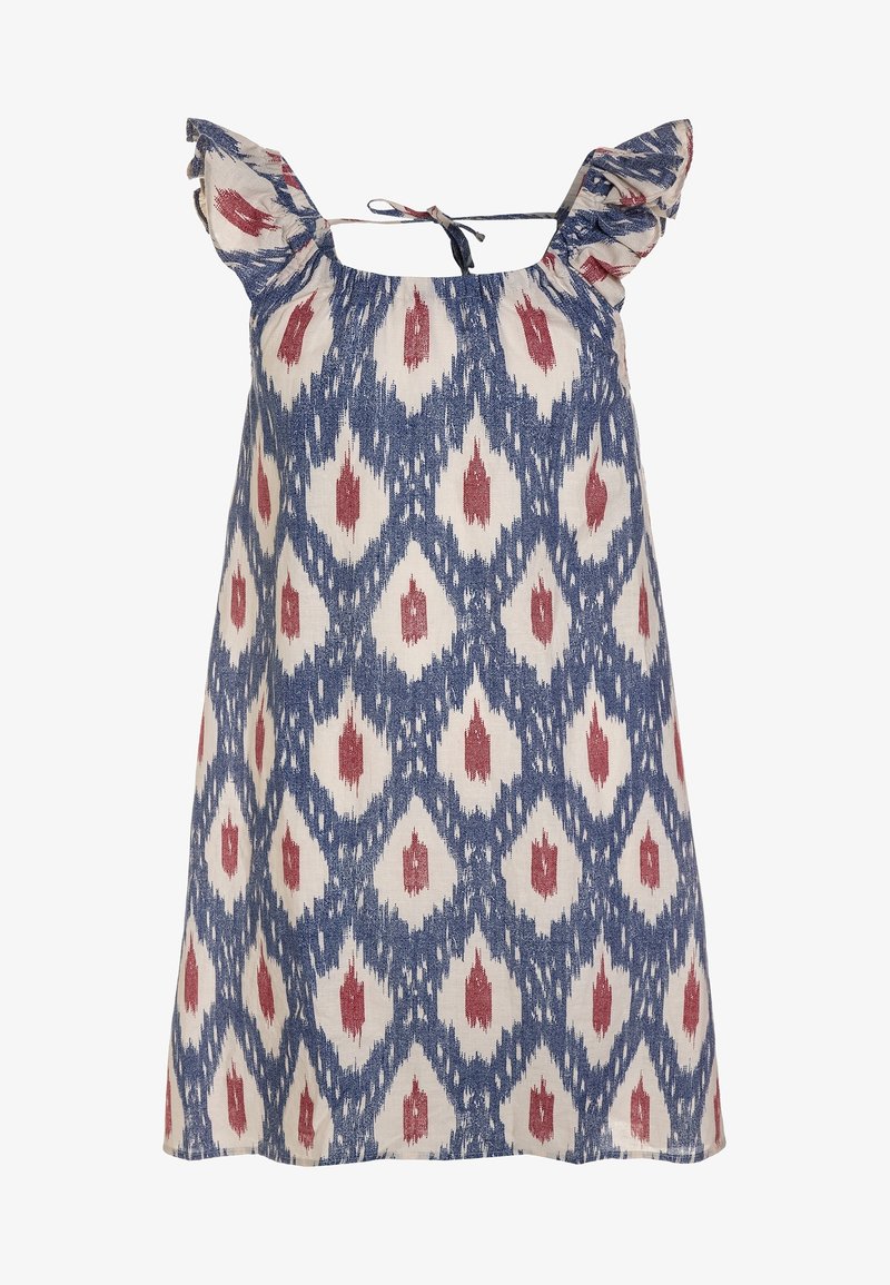 Robe en coton sans manches avec un motif ikat bleu et rouge, des manches volantées et un col noué. Design léger et fluide.