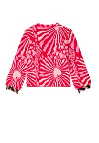 Jersey de punto con un vibrante diseño floral en tonos rosa y rojo; cuenta con mangas largas y bordes con volantes; material suave y texturizado.