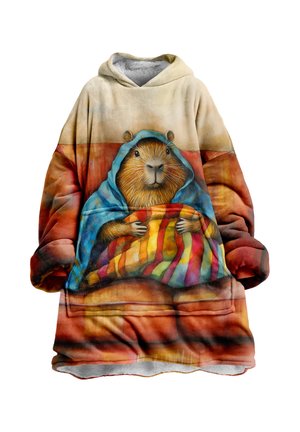 Oversized hoodie blanket featuring a vibrant illustration of a stylized animal under a colorful striped blanket, in soft, textured fabric.