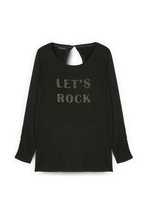 Top nero a maniche lunghe con scollo rotondo e dettaglio a forma di chiave sul retro. "LET'S ROCK" è impreziosito da strass. Tessuto morbido.