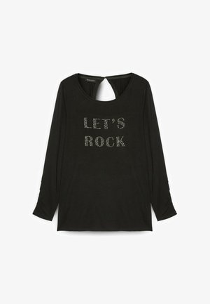Cămașă neagră cu mâneci lungi, cu un decolteu rotund și detalii în formă de cheie la spate. "SĂ ÎNCEPEM ROCKUL" este embellisată cu strasuri. Material moale.