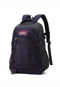 Zaino viola e nero con design imbottito, molteplici scomparti, manico robusto e strap regolabili. Il marchio è visibile sulla parte frontale.