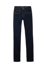 Jeans de denim azul oscuro con corte slim, que presentan un acabado ligeramente desgastado, diseño clásico de cinco bolsillos, cierre de botón y costuras doradas.