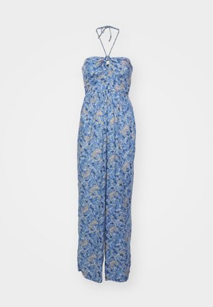 Blauwe bloemen jumpsuit met een strapless ontwerp, paisleypatronen en een strikdetail aan de achterkant. Gemaakt van lichte stof met een losse pasvorm.