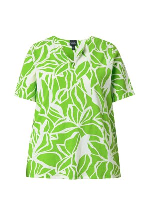 Zelená a bílá krátký rukáv blůza s abstraktním listovým vzorem a mírným výstřihem do V.
