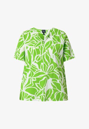 Blusa verde e bianca a maniche corte con motivo a foglie astratto e leggero colletto a V.