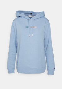 Lichtblauwe hoodie van een katoenmix, met een geborduurd "HILFIGER" logo in verschillende kleuren. Verstelbare trekkoorden en ribgebreide manchetten.