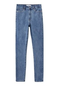 Jean skinny fit bleu en denim avec un design à cinq poches et une fermeture devant avec bouton et zip.
