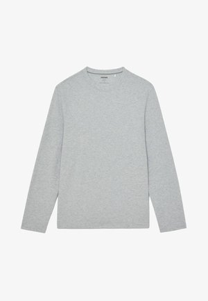 Pilkas ilgomis rankovėmis marškinėliai, pagaminti iš minkštos medvilnės, su apvaliu kaklu, pasižymi lygiu paviršiumi ir paprastu dizainu. Nėra jokių raštų ar akcentų.