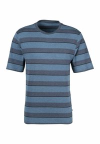 Krátký rukáv tričko v světle modré barvě s tmavě modrými horizontálními pruhy. Obsahuje kulatý výstřih a měkký bavlněný materiál. Jednoduchý design.