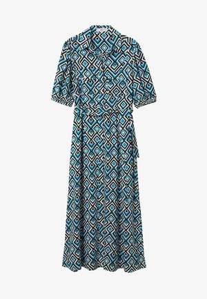 Robe longue avec des manches à volants courtes, un col, des boutons devant et une ceinture à la taille, présentant un motif géométrique en diamants bleu, noir et blanc.