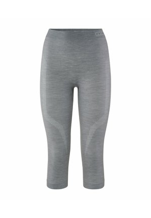 Leggings de sport gris avec une texture lisse, une taille en côtes et des détails subtils sur les côtés dans une teinte plus claire. Design longueur capri.